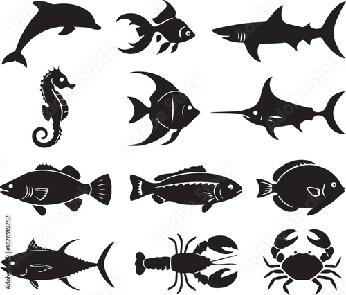 Collection of black silhouette marine animals and sea creatures dolphin fish