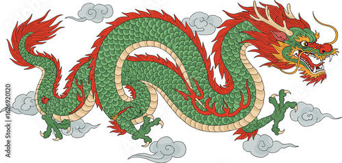 Traditional Chinese dragon illustration with green scales, red flames, mythical creature design, flying in clouds, vector art on white background