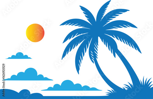 Tropical beach scene with a leaning palm tree sun and clouds vector illustration
