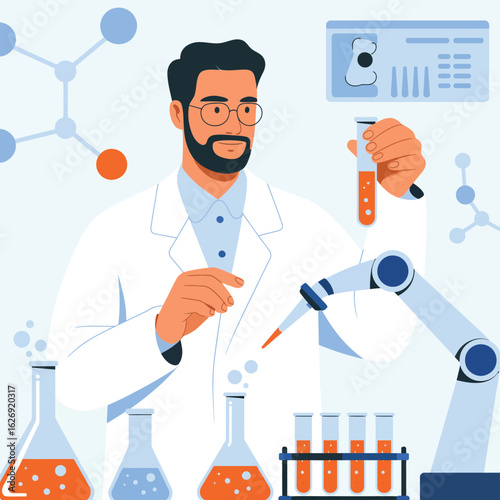 Scientist in lab coat working with robotic arm and test tubes