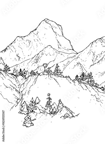 Illustration of a mountain range with coniferous trees and rocky terrain in monochrome style drawing