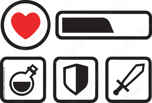 Red heart health bar potion shield sword icons vector