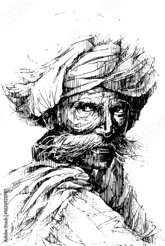 Illustration of a man with a turban and a large mustache in a crosshatch black and white style art