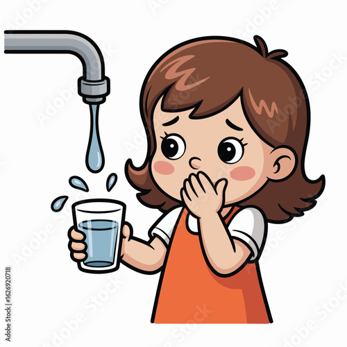Worried girl with dirty water dripping from a faucet into a glass