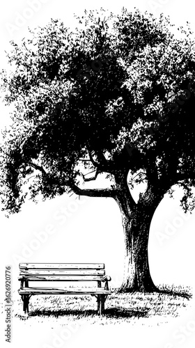 A serene scene depicting a park bench nestled beneath the shade of a large tree in black and white style