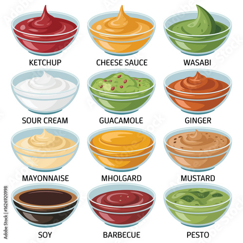 Collection of 12 popular sauces and dips in bowls