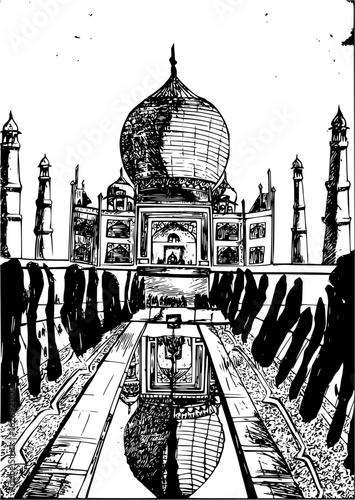Illustration of the taj mahal with its reflection in the water and surrounding minarets in black and white