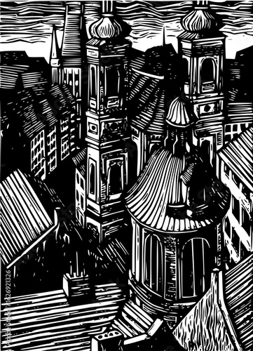 Monochrome woodcut style cityscape featuring towers and rooftops in a dense urban setting