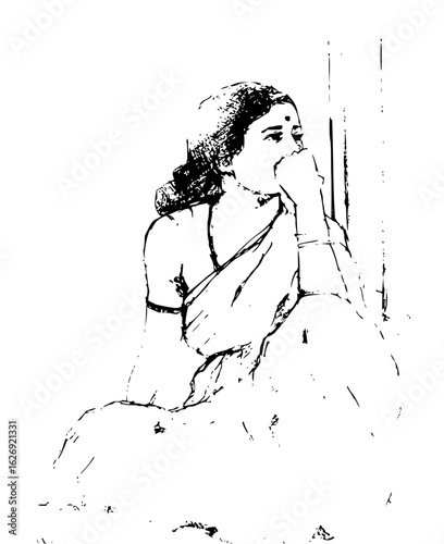Illustration of a woman in traditional indian dress sitting with her hand to her mouth in a thoughtful pose
