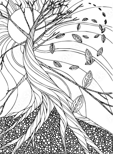 Stylized black and white drawing of a tree with exposed roots and leaves blowing in the wind near sun
