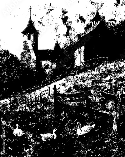 Black and white illustration of a church on a hill with ducks in the foreground near a fence line