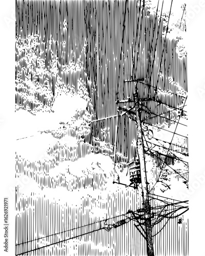 Illustration of a utility pole with power lines against a backdrop of trees and sky rendered in black and white