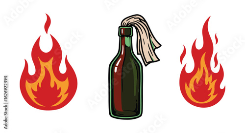 Molotov Cocktail with Flames on Both Sides Illustration on White Background