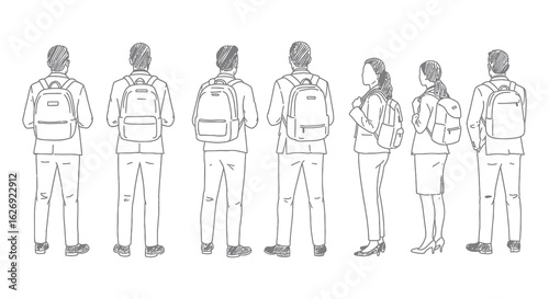 Line Drawing of People with Backpacks Standing in a Row Back View