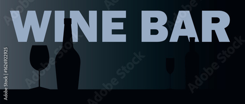 Wine bar poster, restaurant banner, flat design minimalist silhouette image of wine bottle and glass. Party, alcohol tasting decoration, sommelier flyer, red wine, white, merlot, chardonnay