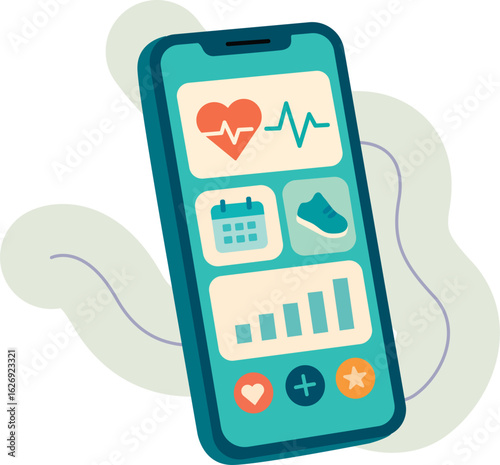 Ilustración vectorial de un teléfono móvil mostrando una aplicación de salud con elementos como frecuencia cardíaca, pasos, niveles de sueño o hidratación. Bienestar, salud digital y fitness.