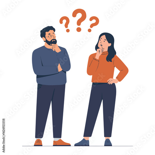 Man and woman standing with question marks above their heads expressing confusion and uncertainty on white background