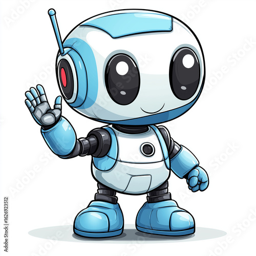 Funny logo of cute light blue robot waving with one hand in vibrant minimalist cartoon style Generative AI