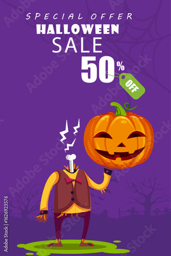 Eye-Catching Halloween Sale Ad with Pumpkin Head and 50% Off Discount