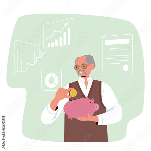 Senior man saving money inside piggy bank preparing for retirement cartoon pension fund scene