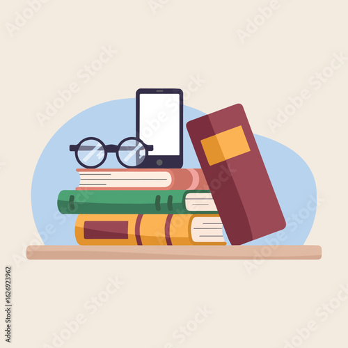 Illustration of a stack of books with glasses and a phone resting on a shelf with a blue background