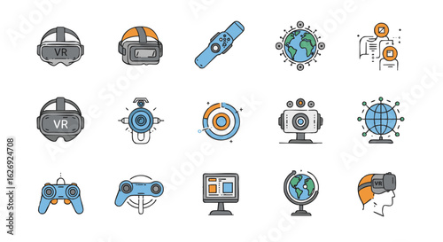 A comprehensive set of color line icons depicting virtual reality, futuristic technology, and augmented reality concepts for digital innovation