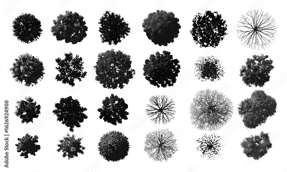 Silhouette collection of treetop views, diverse foliage patterns ideal for architectural plans, landscape design, and urban planning visualization with botanical vector elements, aerial perspective