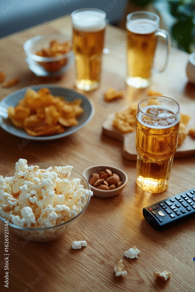 Cozy movie night with popcorn, beer, snacks, and remote on wooden table Cozy movie night with popcorn, beer, snacks, and remote on wooden table
