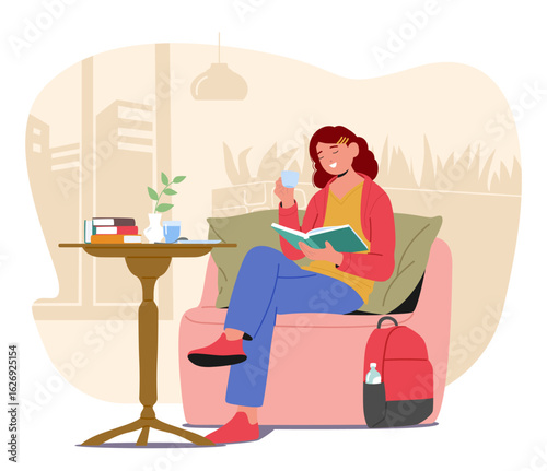 Teenage girl student character reading book while drinking coffee resting in cafe cartoon scene