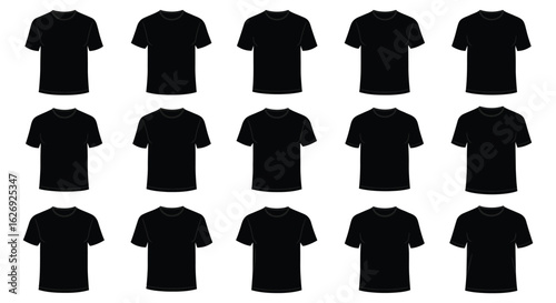 Fifteen Black T Shirts Arranged in a Grid Pattern on a White Background