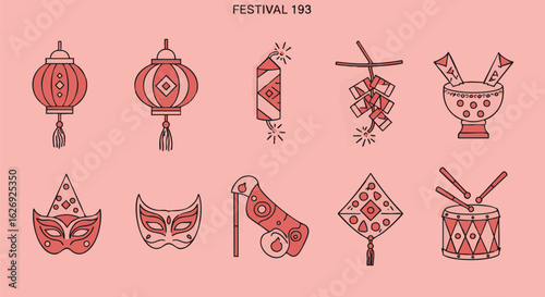 Festive Icon Set Celebratory Lanterns, Fireworks, and Masks for Seasonal Events