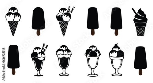 Collection of Black and White Ice Cream Desserts on a White Background