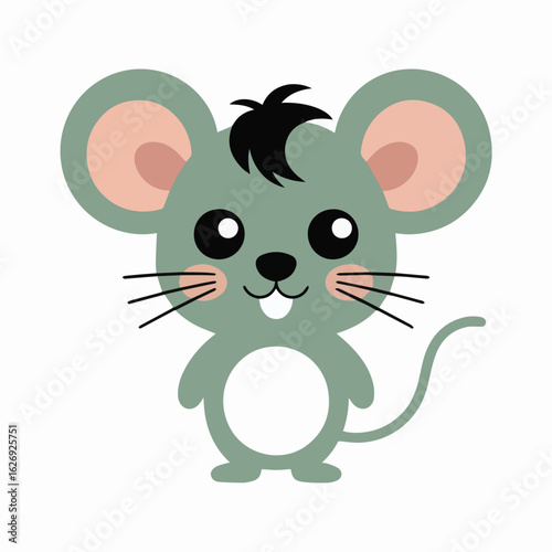 Cartoon style illustration of a gray mouse with big ears and a white belly standing upright smiling