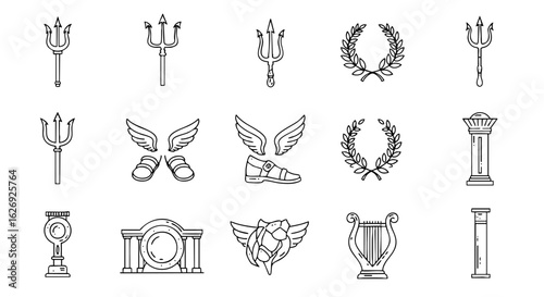Illustrative collection of ancient symbols and mythical emblems in clean outline vector style, representing classical elements and divine attributes for creative projects