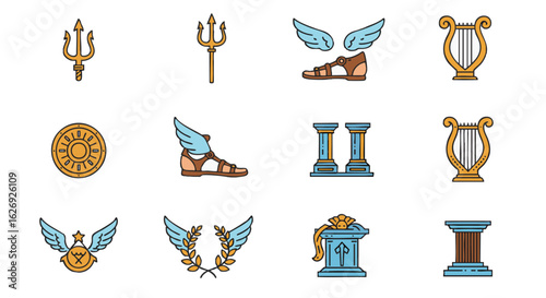 Colorful flat design vector icons depicting various ancient Greek and Roman mythological symbols and cultural artifacts, ideal for historical projects and educational resources
