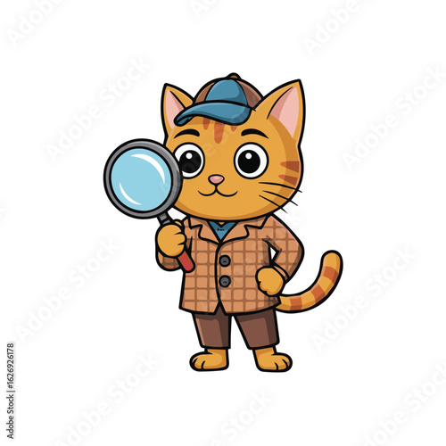 Cartoon cat dressed as a detective holding a magnifying glass looking for clues in a funny way image