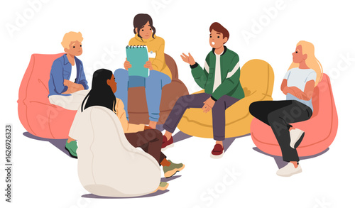 Psychological group for teenagers cartoon scene with children sitting in circle during consultation