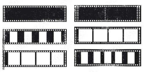 Modern retro film strip frame templates featuring empty slots, distressed grain texture, vintage cinema reel with scratches, halftone noisy design. Creative nostalgic vector background