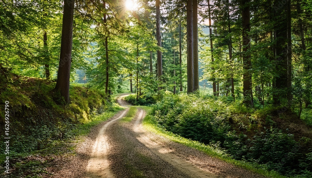 Obraz premium a winding dirt road disappears into the dense foliage of a lush forest with tall trees and vibrant greenery on either side rural landscape serene path