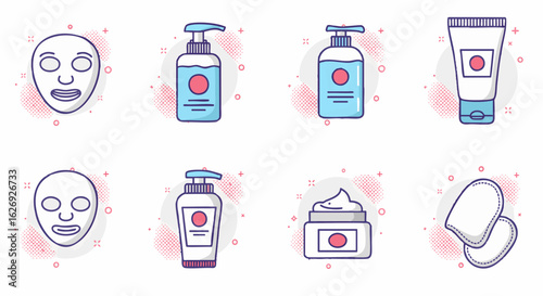 Flat-line vector icons for skincare and beauty products. Includes face masks, lotions, creams, and tanning accessories. Ideal for cosmetic and wellness applications
