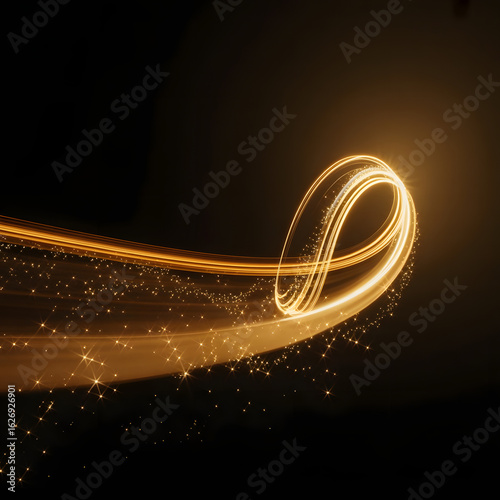 Golden Light Trail: A dynamic swirl of golden light streaks across the black expanse, illuminating the darkness with its radiant path, creating a visual representation of energy and motion.