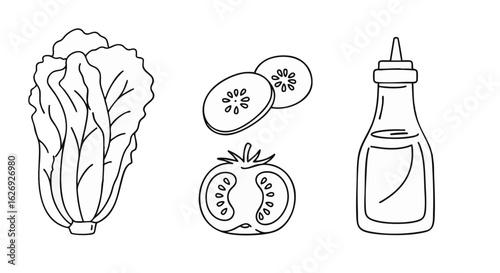 Simple Line Art Illustrations of Salad Ingredients Lettuce, Cucumber, Tomato, and Dressing