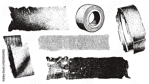 Retro grunge elements set featuring duct tape, torn scotch stickers, and distressed photocopy stipple effect. Modern vintage collage vector illustration isolated on transparent background