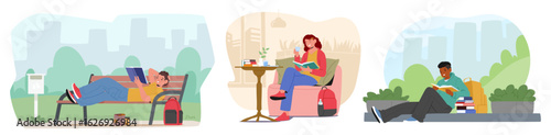 Cute teenage students reading outdoors or indoors enjoying relax calm time cartoon scene set