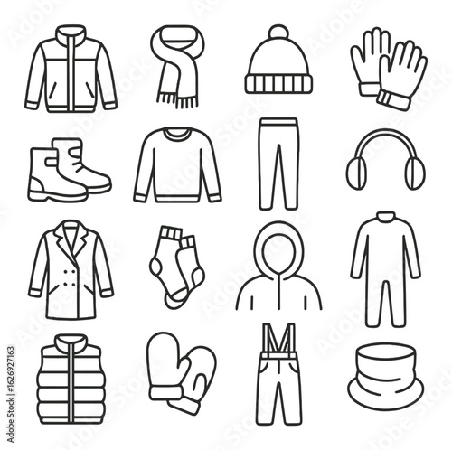 Winter clothing icons set featuring jackets, hats, gloves, and more