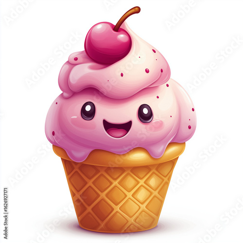Smiling ice cream cone logo with cherry on top in vibrant minimalist cartoon style Generative AI