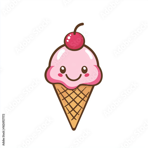 Smiling ice cream cone logo with cherry on top in vibrant minimalist cartoon style Generative AI