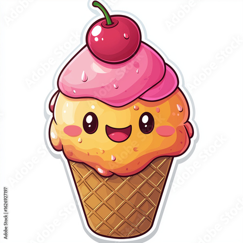 Smiling ice cream cone logo with cherry on top in vibrant minimalist cartoon style Generative AI