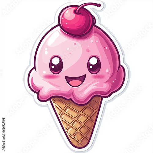 Smiling ice cream cone logo with cherry on top in vibrant minimalist cartoon style Generative AI