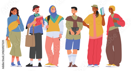 Diverse high school or college students multinational group cartoon characters standing in row